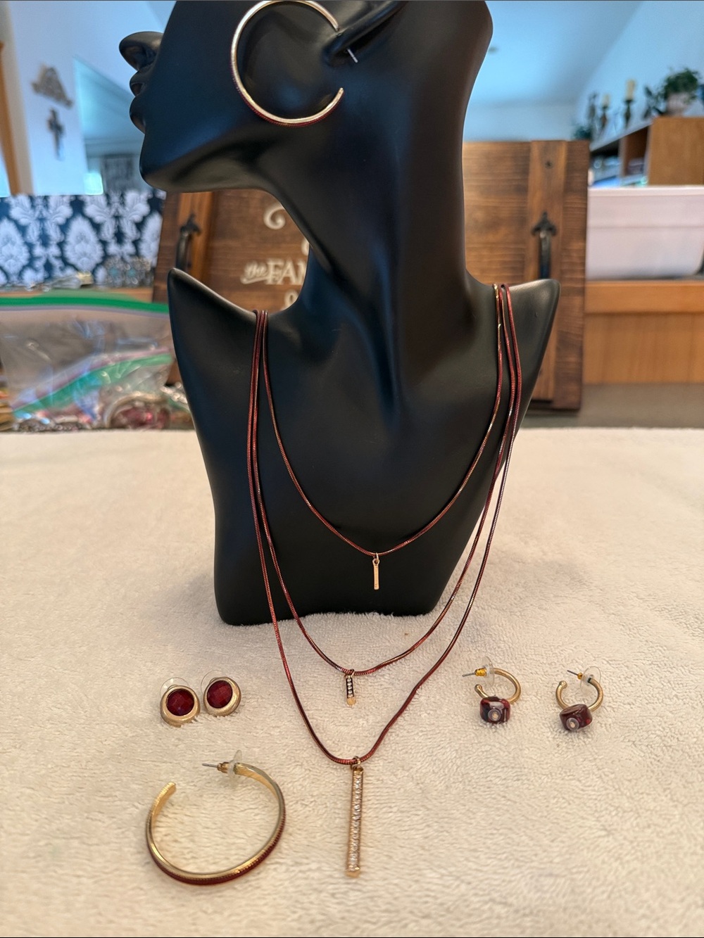 Layered Gold & Burgundy Necklaces and Coordinating Earrings